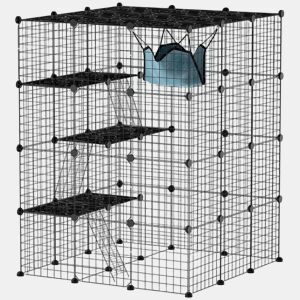 PawHut Gaiola Grande para Gatos de Interior Recinto para Gatos de 4 Níveis com 5 Portas 3 Plataformas de Salto 3 Rampas Rede, Parque para Animais 105x105x140 cm Preto