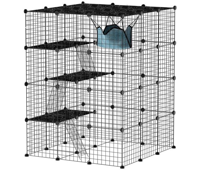 Pawhut jaula grande para gatos interior, recinto para gatos de 4 niveles con 5 puertas, 3 plataformas de salto, 3 rampas, hamaca, parque para mascotas