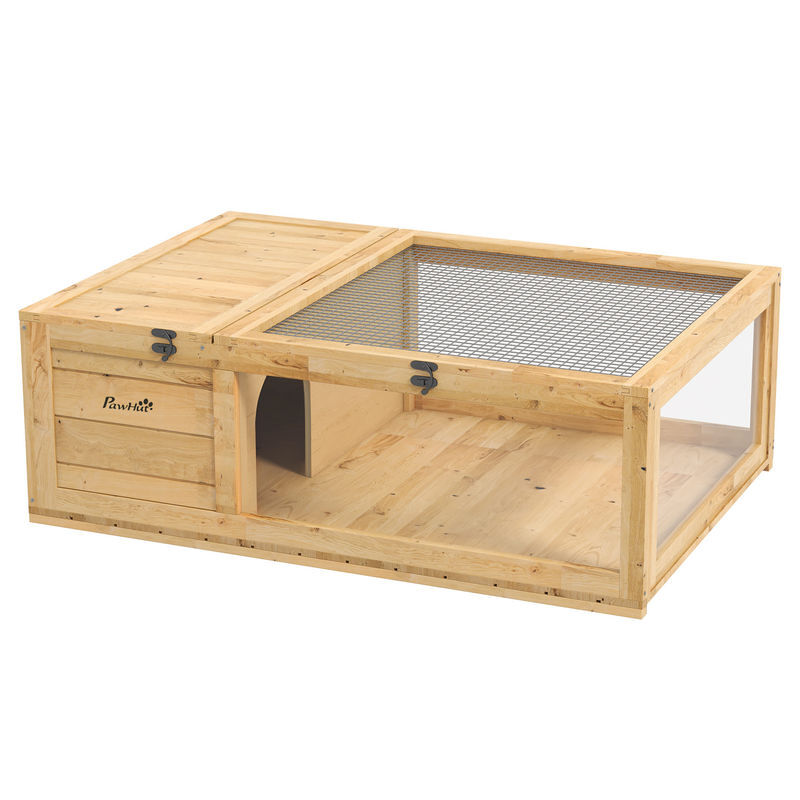 Pawhut casa para tortugas de madera, terrario para reptiles con techo de malla, paneles laterales transparentes extraíbles y pestillo de seguridad, caseta para tortugas, 91x60,5x32 cm, natural