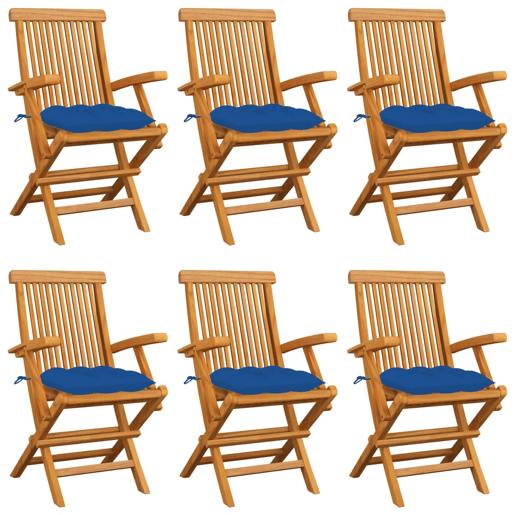 Cadeiras de jardim - Cadeiras de exterior com almofadões azuis 6 pcs teca maciça