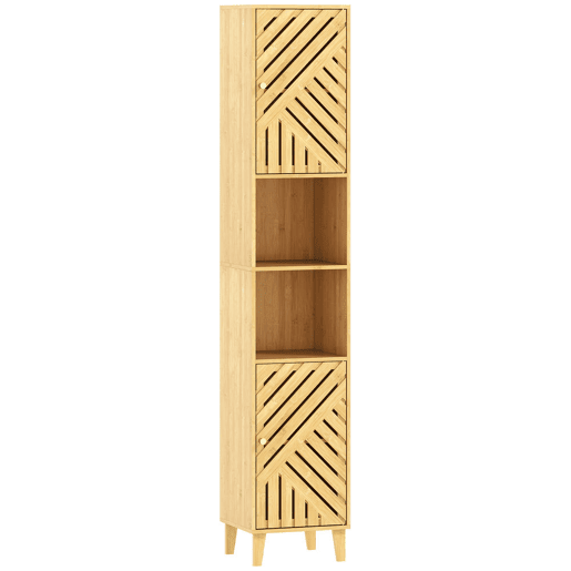 HOMCOM Armário de Casa de Banho Alto, Coluna Estreita 32x30x170 cm com Portas e Pés de Bambu, Prateleiras Ajustáveis e Compartimento Aberto Natural