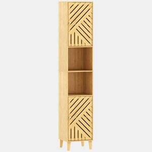 HOMCOM Armário de Casa de Banho Alto, Coluna Estreita 32x30x170 cm com Portas e Pés de Bambu, Prateleiras Ajustáveis e Compartimento Aberto Natural
