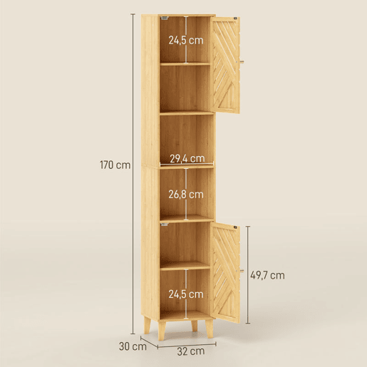 HOMCOM Armário de Casa de Banho Alto, Coluna Estreita 32x30x170 cm com Portas e Pés de Bambu, Prateleiras Ajustáveis e Compartimento Aberto Natural