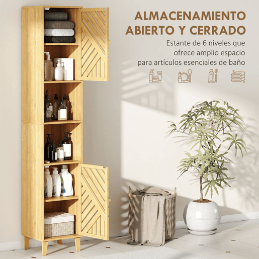 HOMCOM Armário de Casa de Banho Alto, Coluna Estreita 32x30x170 cm com Portas e Pés de Bambu, Prateleiras Ajustáveis e Compartimento Aberto Natural