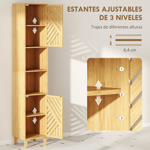 HOMCOM Armário de Casa de Banho Alto, Coluna Estreita 32x30x170 cm com Portas e Pés de Bambu, Prateleiras Ajustáveis e Compartimento Aberto Natural