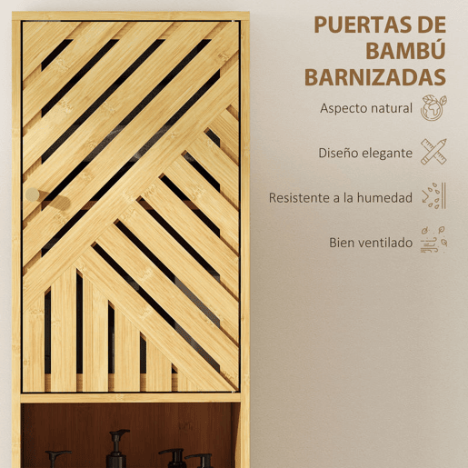 HOMCOM Armário de Casa de Banho Alto, Coluna Estreita 32x30x170 cm com Portas e Pés de Bambu, Prateleiras Ajustáveis e Compartimento Aberto Natural