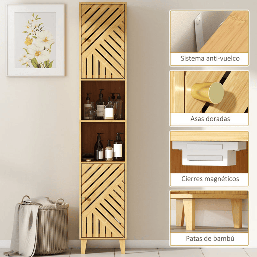 HOMCOM Armário de Casa de Banho Alto, Coluna Estreita 32x30x170 cm com Portas e Pés de Bambu, Prateleiras Ajustáveis e Compartimento Aberto Natural