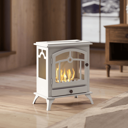 HOMCOM Lareira de Bioetanol com Pé Lareira Bioetanol com Depósito de 0,9 L e Extinguidor de Aço Inoxidável Tempo de Combustão 3H para Interiores 20-25 m² 45x28x54 cm Branco