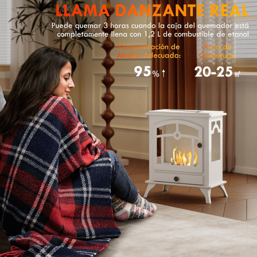 HOMCOM Lareira de Bioetanol com Pé Lareira Bioetanol com Depósito de 0,9 L e Extinguidor de Aço Inoxidável Tempo de Combustão 3H para Interiores 20-25 m² 45x28x54 cm Branco