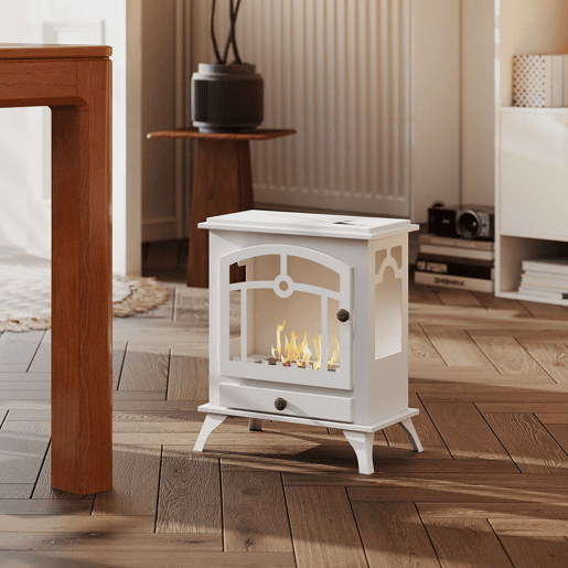 HOMCOM Lareira de Bioetanol com Pé Lareira Bioetanol com Depósito de 0,9 L e Extinguidor de Aço Inoxidável Tempo de Combustão 3H para Interiores 20-25 m² 45x28x54 cm Branco