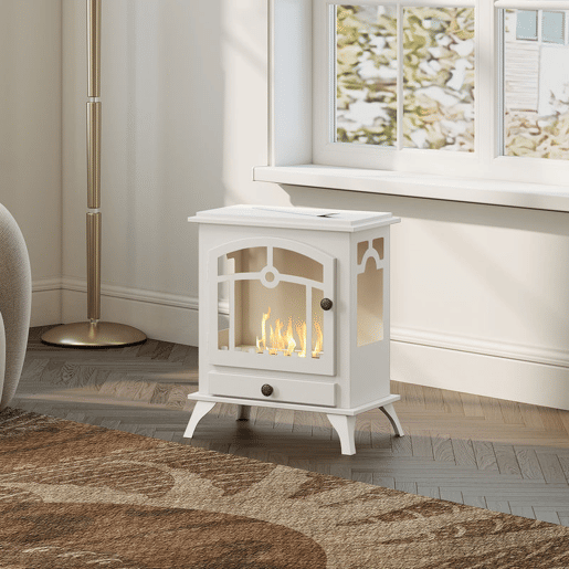 HOMCOM Lareira de Bioetanol com Pé Lareira Bioetanol com Depósito de 0,9 L e Extinguidor de Aço Inoxidável Tempo de Combustão 3H para Interiores 20-25 m² 45x28x54 cm Branco
