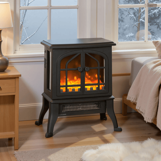 HOMCOM Lareira Elétrica de Pé Lareira Decorativa 9001800W com Efeito Chama 3D 2 Níveis de Potência Termóstato Ajustável Janelas Visíveis para 15-30 ? 39x24x48 cm Preto