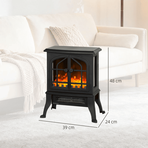 HOMCOM Lareira Elétrica de Pé Lareira Decorativa 9001800W com Efeito Chama 3D 2 Níveis de Potência Termóstato Ajustável Janelas Visíveis para 15-30 ? 39x24x48 cm Preto