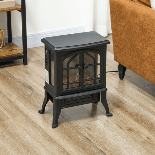 HOMCOM Lareira Elétrica de Pé Lareira Decorativa 9001800W com Efeito Chama 3D 2 Níveis de Potência Termóstato Ajustável Janelas Visíveis para 15-30 ? 39x24x48 cm Preto