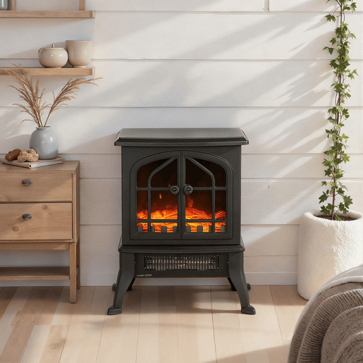 HOMCOM Lareira Elétrica de Pé Lareira Decorativa 9001800W com Efeito Chama 3D 2 Níveis de Potência Termóstato Ajustável Janelas Visíveis para 15-30 ? 39x24x48 cm Preto