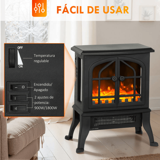 HOMCOM Lareira Elétrica de Pé Lareira Decorativa 9001800W com Efeito Chama 3D 2 Níveis de Potência Termóstato Ajustável Janelas Visíveis para 15-30 ? 39x24x48 cm Preto