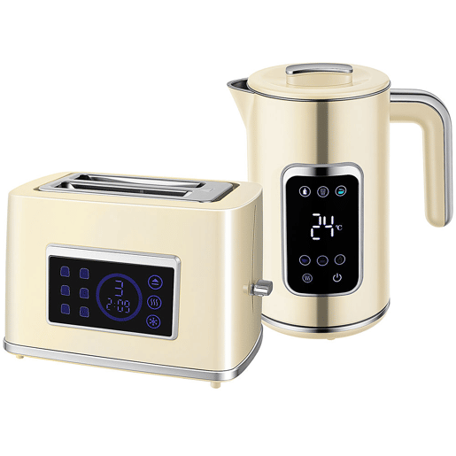 HOMCOM Fervedor de Água 1,7L 3000W Função Manter Quente Torradeira de Pão com Fenda Larga para 2 Fatias 6 Níveis de Tostagem Conjunto Pequeno-Almoço com Ecrã LED Táctil Creme