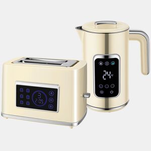 HOMCOM Fervedor de Água 1,7L 3000W Função Manter Quente Torradeira de Pão com Fenda Larga para 2 Fatias 6 Níveis de Tostagem Conjunto Pequeno-Almoço com Ecrã LED Táctil Creme