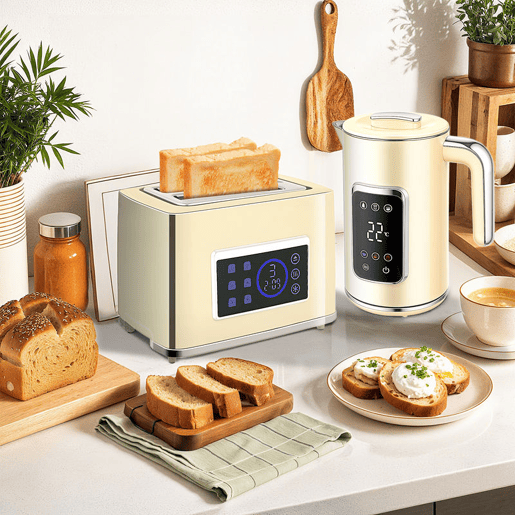 HOMCOM Fervedor de Água 1,7L 3000W Função Manter Quente Torradeira de Pão com Fenda Larga para 2 Fatias 6 Níveis de Tostagem Conjunto Pequeno-Almoço com Ecrã LED Táctil Creme