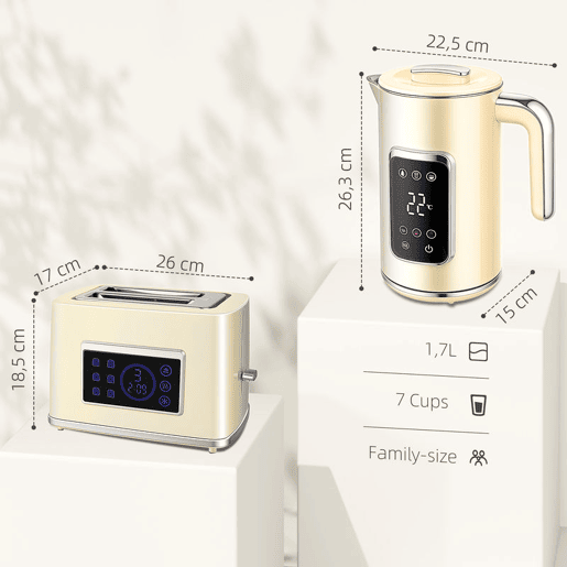 HOMCOM Fervedor de Água 1,7L 3000W Função Manter Quente Torradeira de Pão com Fenda Larga para 2 Fatias 6 Níveis de Tostagem Conjunto Pequeno-Almoço com Ecrã LED Táctil Creme