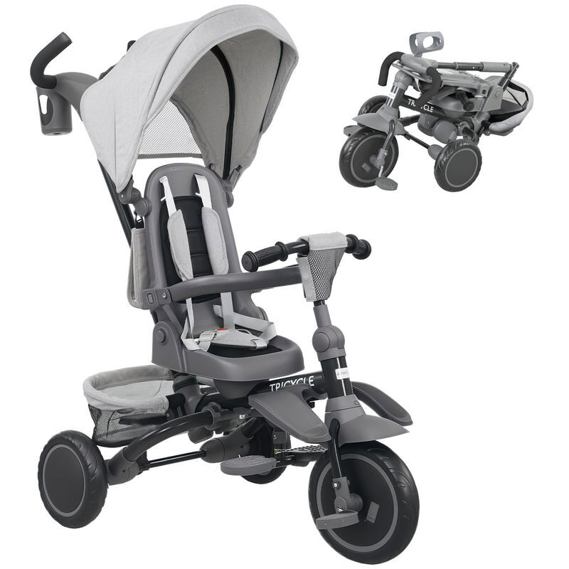 Aiyaplay triciclo evolutivo 6 en 1, triciclo para bebés plegable, 1-5 años, asiento giratorio de 360°, mango parental, respaldo reclinable, toldo, cinturón de seguridad, cesta, reposapiés, gris