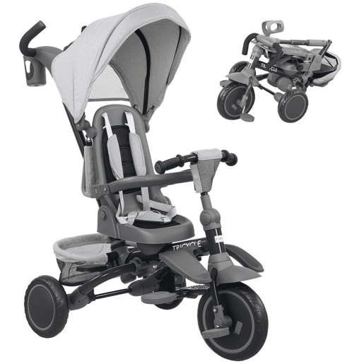AIYAPLAY Triciclo Evolutivo 6 em 1 Triciclo para Bebés Dobrável 1-5 Anos Assento Giratório de 360° Guidão Encosto Reclinável Toldo Cinto de Segurança Cesto, Apoio para Pés 111,5x52x98 cm Cinza