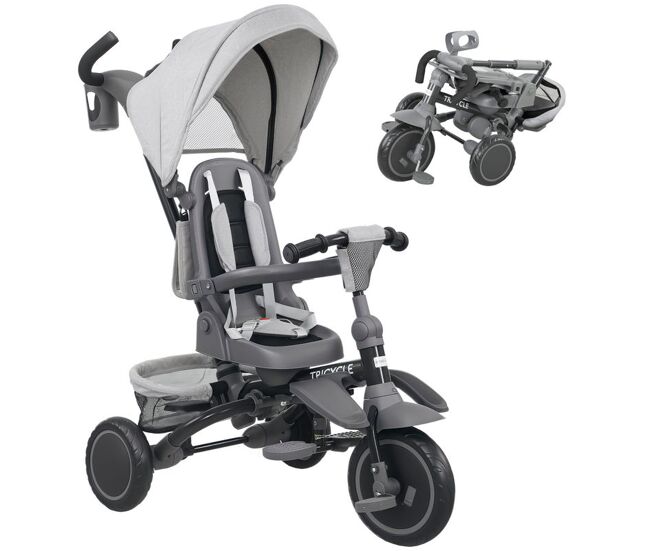 Aiyaplay triciclo evolutivo 6 en 1, triciclo para bebés plegable, 1-5 años, asiento giratorio de 360°, mango parental, respaldo reclinable, toldo, cinturón de seguridad, cesta, reposapiés, gris