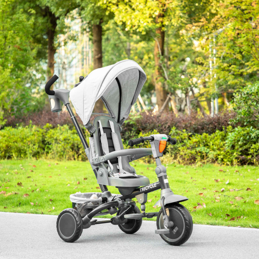 AIYAPLAY Triciclo Evolutivo 6 em 1 Triciclo para Bebés Dobrável 1-5 Anos Assento Giratório de 360° Guidão Encosto Reclinável Toldo Cinto de Segurança Cesto, Apoio para Pés 111,5x52x98 cm Cinza