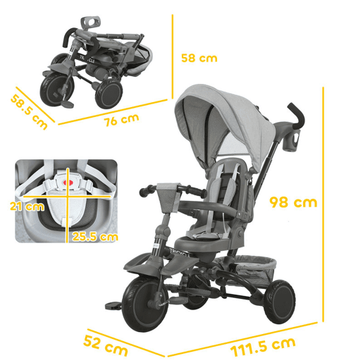 AIYAPLAY Triciclo Evolutivo 6 em 1 Triciclo para Bebés Dobrável 1-5 Anos Assento Giratório de 360° Guidão Encosto Reclinável Toldo Cinto de Segurança Cesto, Apoio para Pés 111,5x52x98 cm Cinza
