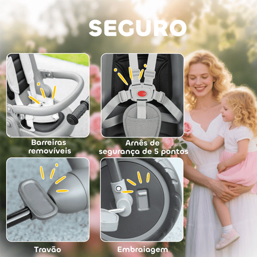AIYAPLAY Triciclo Evolutivo 6 em 1 Triciclo para Bebés Dobrável 1-5 Anos Assento Giratório de 360° Guidão Encosto Reclinável Toldo Cinto de Segurança Cesto, Apoio para Pés 111,5x52x98 cm Cinza