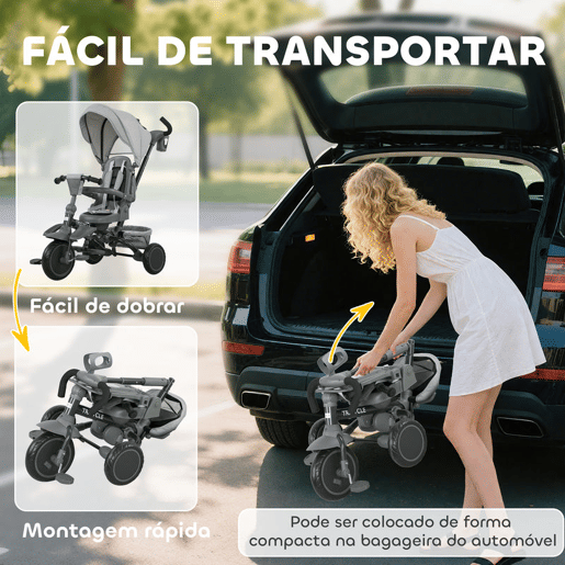AIYAPLAY Triciclo Evolutivo 6 em 1 Triciclo para Bebés Dobrável 1-5 Anos Assento Giratório de 360° Guidão Encosto Reclinável Toldo Cinto de Segurança Cesto, Apoio para Pés 111,5x52x98 cm Cinza