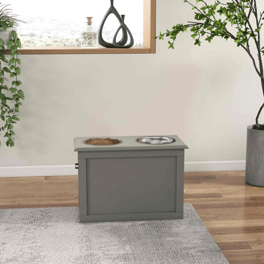 PawHut Comedouro Elevado para Cães Comedouro para Cães com 2 Tigelas de Aço Inoxidável e Espaço de Armazenamento Oculto 60x30x41 cm Cinzento