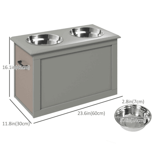 PawHut Comedouro Elevado para Cães Comedouro para Cães com 2 Tigelas de Aço Inoxidável e Espaço de Armazenamento Oculto 60x30x41 cm Cinzento