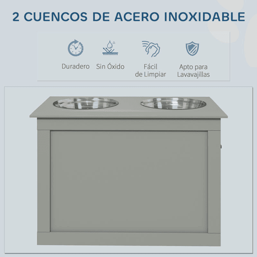 PawHut Comedouro Elevado para Cães Comedouro para Cães com 2 Tigelas de Aço Inoxidável e Espaço de Armazenamento Oculto 60x30x41 cm Cinzento