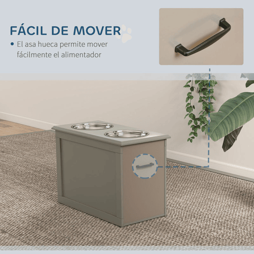 PawHut Comedouro Elevado para Cães Comedouro para Cães com 2 Tigelas de Aço Inoxidável e Espaço de Armazenamento Oculto 60x30x41 cm Cinzento