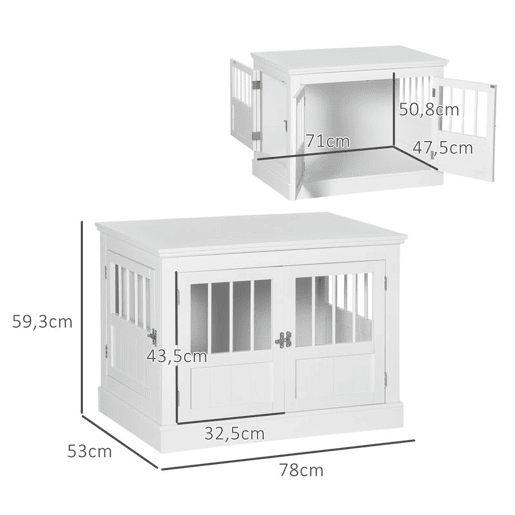 PawHut Gaiola para Cães com Mesa Auxiliar Casa para Animais de Estimação Moderna com 3 Portas Francês e Fecho Magnético para Cães Pequenos 78x53x59,3 cm Branco