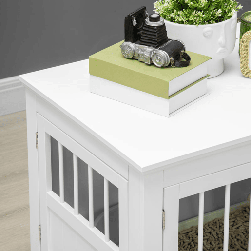 PawHut Gaiola para Cães com Mesa Auxiliar Casa para Animais de Estimação Moderna com 3 Portas Francês e Fecho Magnético para Cães Pequenos 78x53x59,3 cm Branco