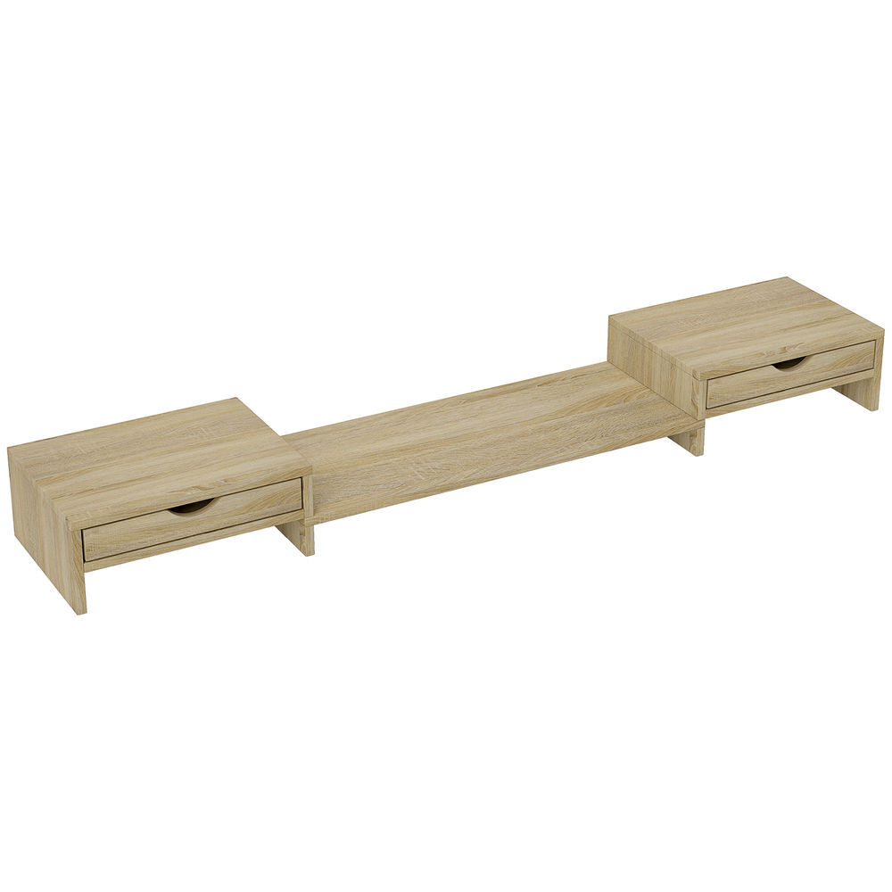 Homcom elevador monitor ángulo y longitud ajustable, soporte para monitor escritorio con 2 cajones, para pc, portátil, 60-116x22x12 cm, roble