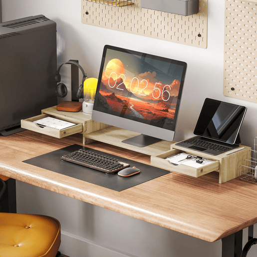 HOMCOM Suporte para Monitor com Ângulo e Comprimento Ajustável Suporte para Monitor com 2 Gavetas para Escritório Suporte para Monitor Portátil 60-116x22x12 cm Madeira