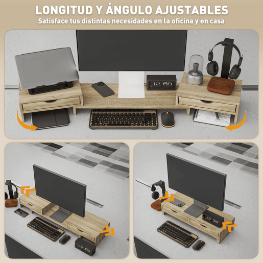 HOMCOM Suporte para Monitor com Ângulo e Comprimento Ajustável Suporte para Monitor com 2 Gavetas para Escritório Suporte para Monitor Portátil 60-116x22x12 cm Madeira