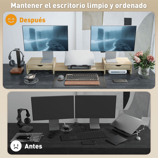 HOMCOM Suporte para Monitor com Ângulo e Comprimento Ajustável Suporte para Monitor com 2 Gavetas para Escritório Suporte para Monitor Portátil 60-116x22x12 cm Madeira