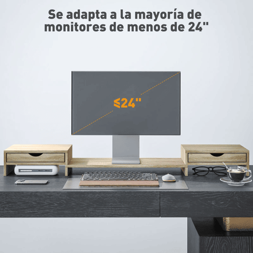 HOMCOM Suporte para Monitor com Ângulo e Comprimento Ajustável Suporte para Monitor com 2 Gavetas para Escritório Suporte para Monitor Portátil 60-116x22x12 cm Madeira