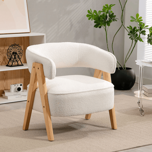 HOMCOM Poltrona de Sala de Estar Estofada em Borreguito Poltrona de Leitura Almofadada e Moderna Assento Largo Pés de Madeira e Encosto Curvo para Quarto Escritório 70x64x71 cm Branco