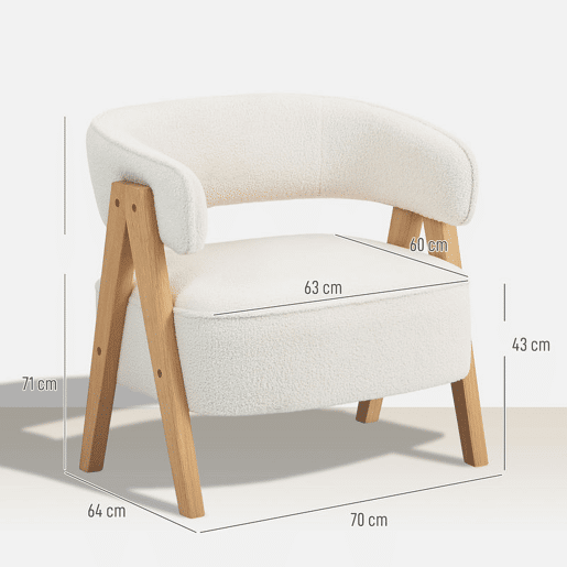 HOMCOM Poltrona de Sala de Estar Estofada em Borreguito Poltrona de Leitura Almofadada e Moderna Assento Largo Pés de Madeira e Encosto Curvo para Quarto Escritório 70x64x71 cm Branco