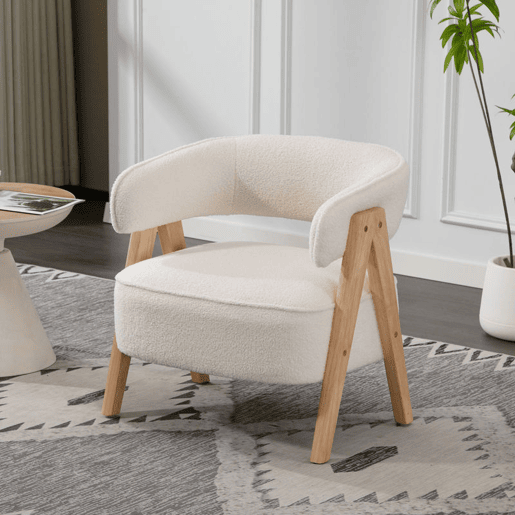 HOMCOM Poltrona de Sala de Estar Estofada em Borreguito Poltrona de Leitura Almofadada e Moderna Assento Largo Pés de Madeira e Encosto Curvo para Quarto Escritório 70x64x71 cm Branco