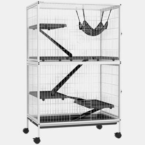 PawHut Gaiola para Roedores 80x52x128 cm Casa de 4 Alturas com Rampas Suspensa Rede Bandeja Removível Rodas Portas Branco Rajado e Preto