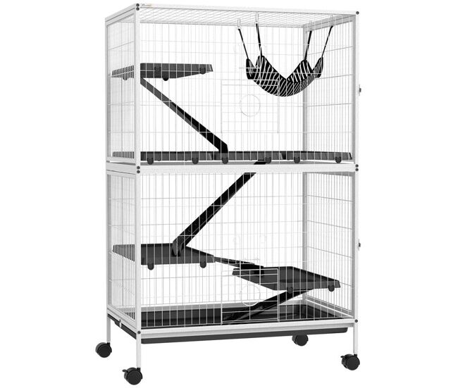 Pawhut jaula para animales pequeños de 4 niveles jaula para roedores con ruedas rampas hamaca colgante y bandeja extraíble recinto para conejos chinchillas hurones 80x52x128 cm blanco