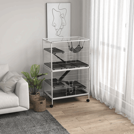 PawHut Gaiola para Roedores 80x52x128 cm Casa de 4 Alturas com Rampas Suspensa Rede Bandeja Removível Rodas Portas Branco Rajado e Preto