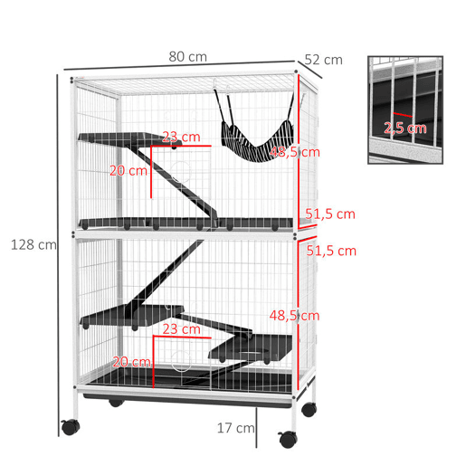 PawHut Gaiola para Roedores 80x52x128 cm Casa de 4 Alturas com Rampas Suspensa Rede Bandeja Removível Rodas Portas Branco Rajado e Preto