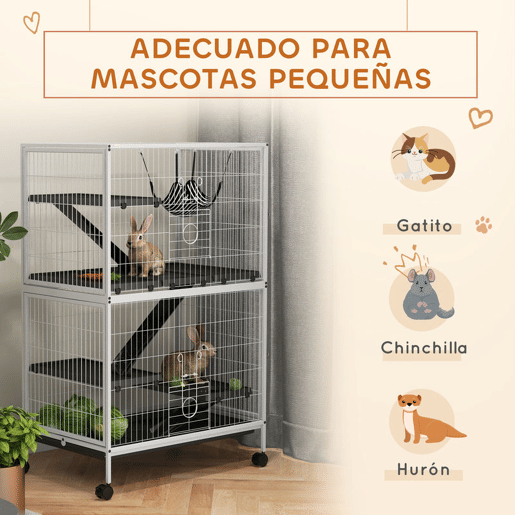 PawHut Gaiola para Roedores 80x52x128 cm Casa de 4 Alturas com Rampas Suspensa Rede Bandeja Removível Rodas Portas Branco Rajado e Preto